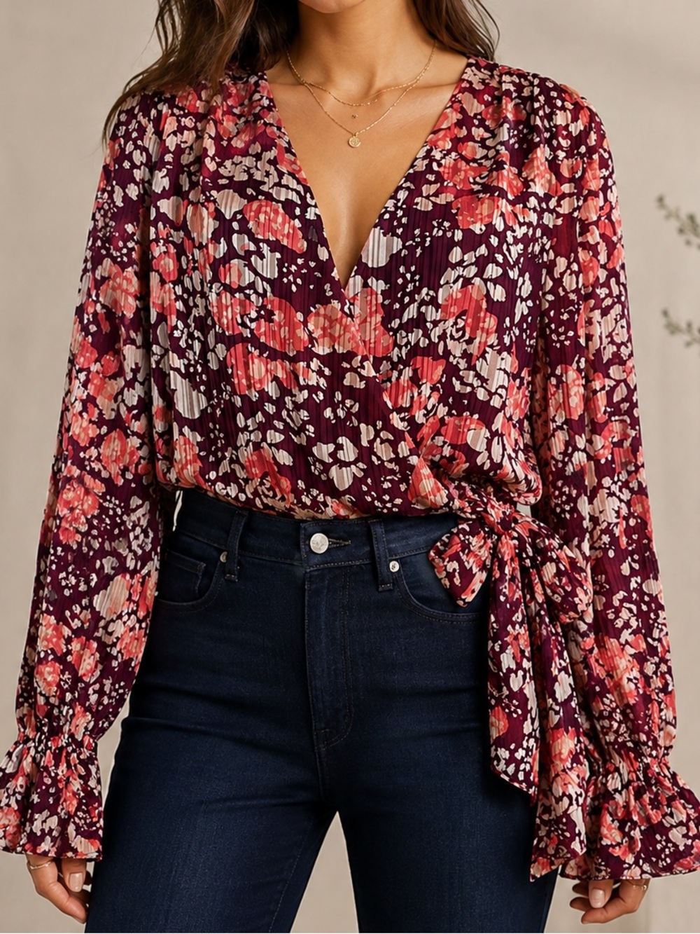 Ramy Brook Melody Floral Surplice Wrap Blouse Cabernet Combo Size L